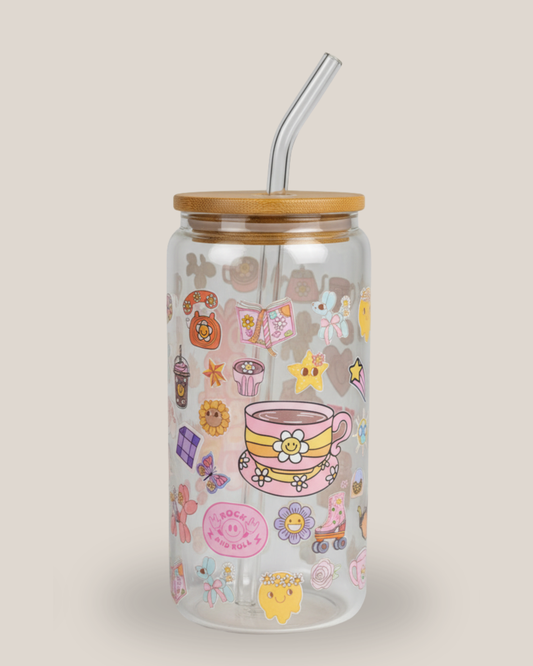 Cute Glass Tumbler || Glass Cup with Bamboo Lid & Glass Straw