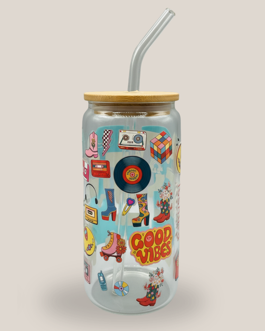 90's Glass Cute cup || Glass Tumbler || Glass Cup with Bamboo Lid & Glass Straw